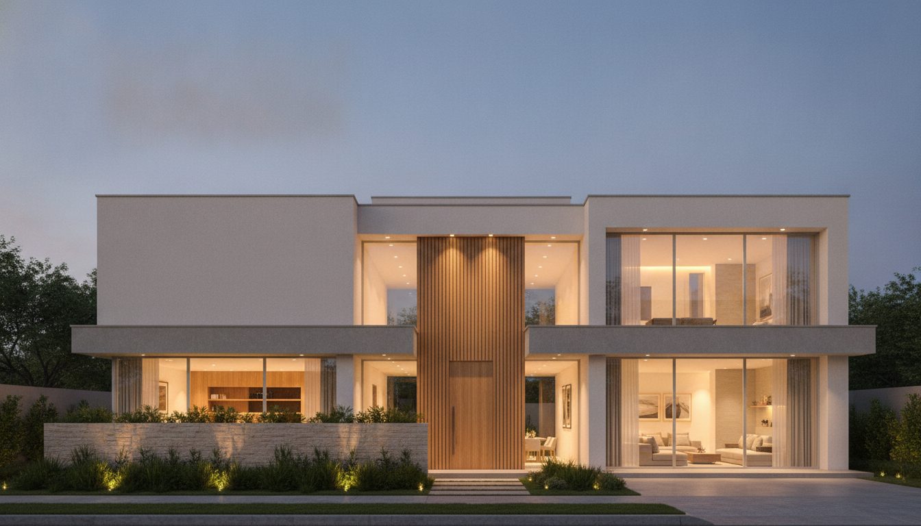 Fachada de residência contemporânea ao entardecer, com iluminação quente e painel de madeira