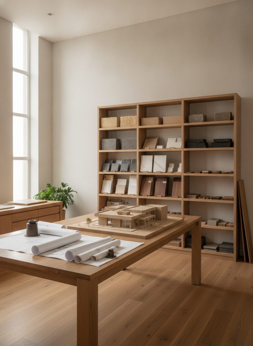 Interior do Estúdio Meridiano, com mesa de trabalho, maquete e estante de amostras de materiais